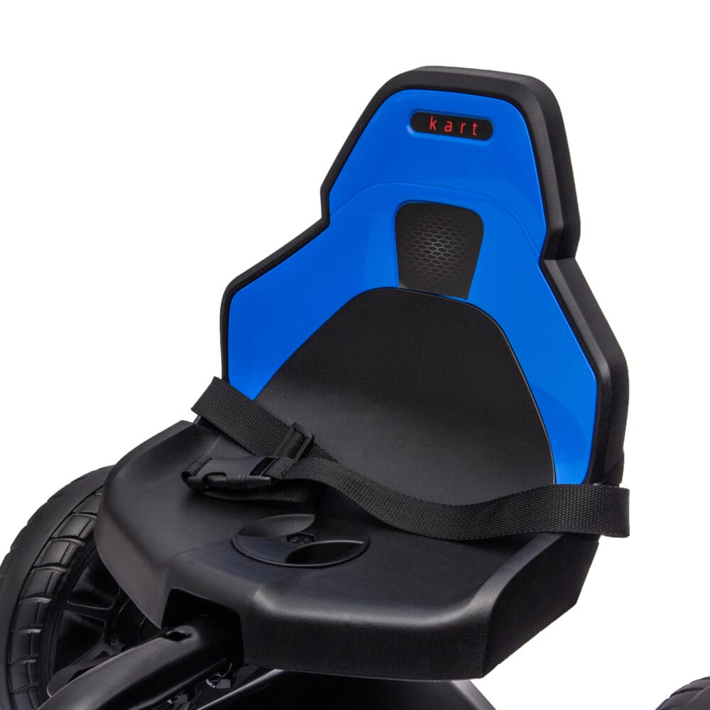 Blaues Gokart als Kinderfahrzeug mit verstellbarem Sitz und Handbremse, geeignet für Kinder von 3-8 Jahren. Fördert sportliche Aktivität und Kontrolle.
