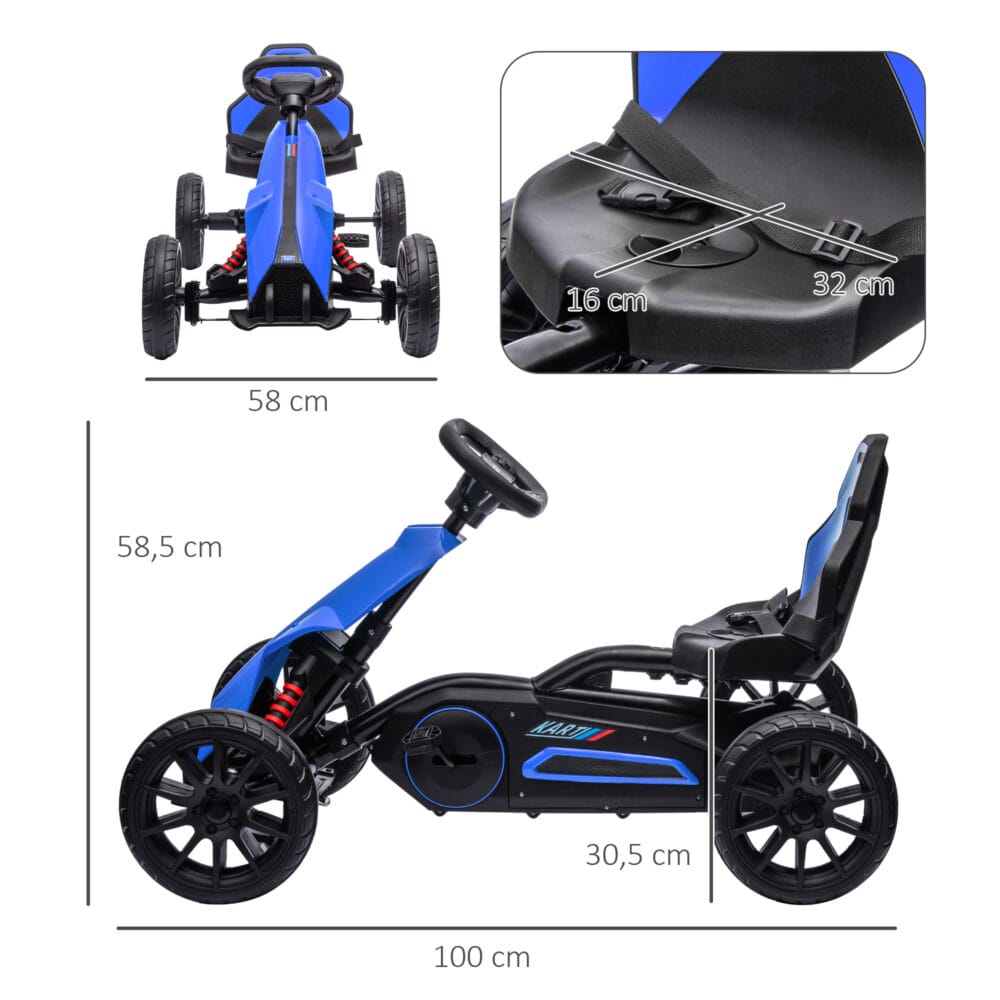 Blaues Gokart als Kinderfahrzeug mit verstellbarem Sitz und Handbremse, geeignet für Kinder von 3-8 Jahren. Fördert sportliche Aktivität und Kontrolle.