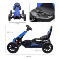 Blaues Gokart als Kinderfahrzeug mit verstellbarem Sitz und Handbremse, geeignet für Kinder von 3-8 Jahren. Fördert sportliche Aktivität und Kontrolle.