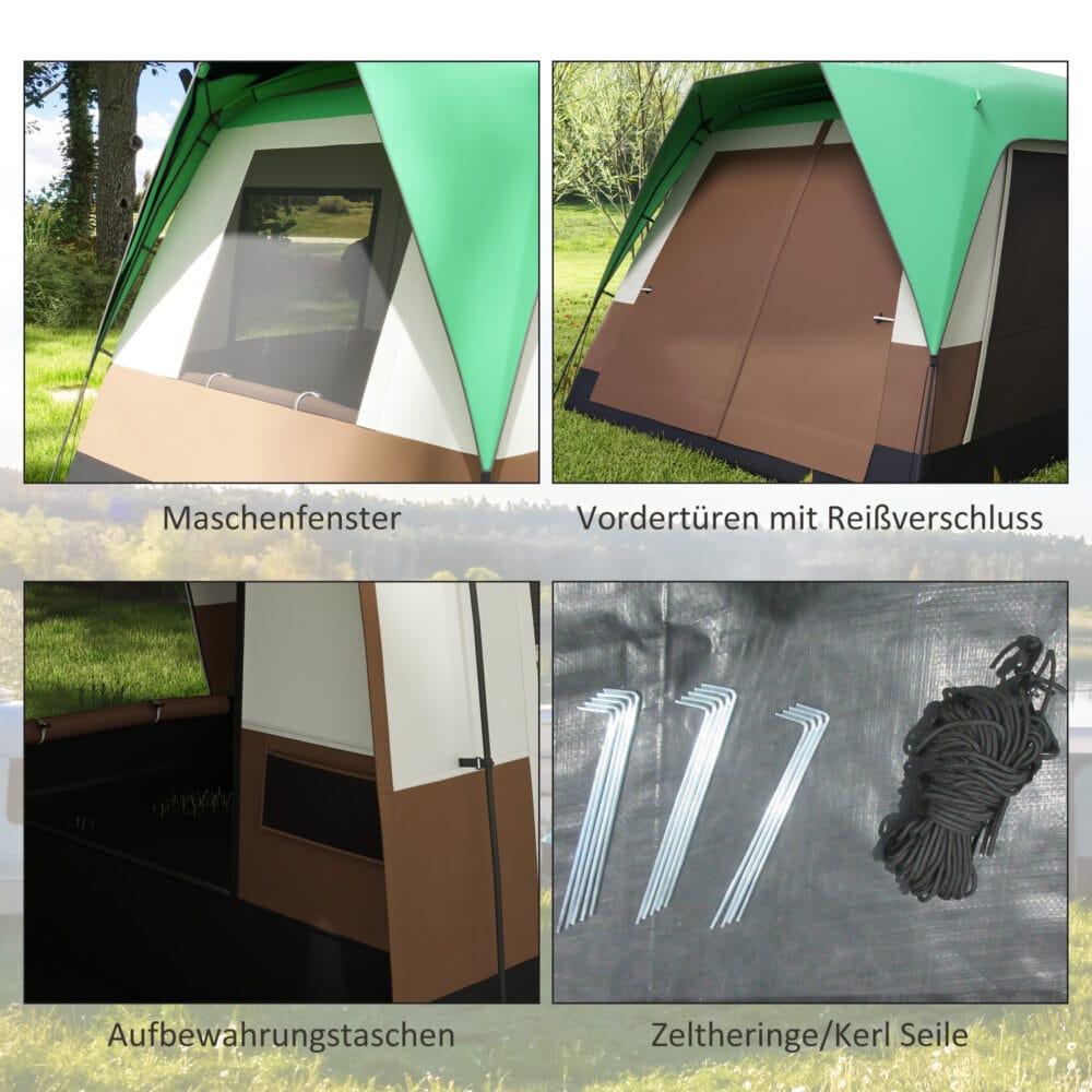 Grünes Gruppenzelt für 8 Personen mit Wassersäule und Tragetasche.