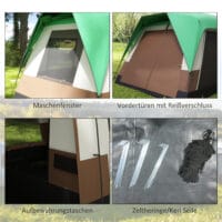 Grünes Gruppenzelt für 8 Personen mit Wassersäule und Tragetasche.
