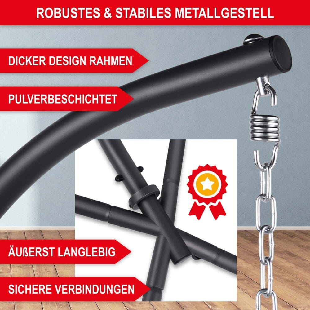 Klappbarer Hängesessel in Rattan-Optik, drehbar und wetterfest.