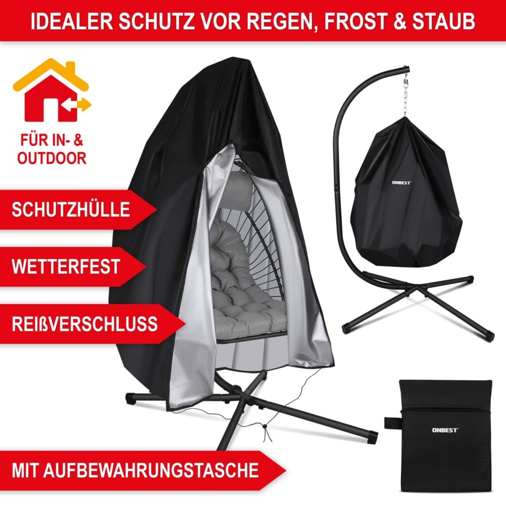 Klappbarer Hängesessel in Rattan-Optik, drehbar und wetterfest.