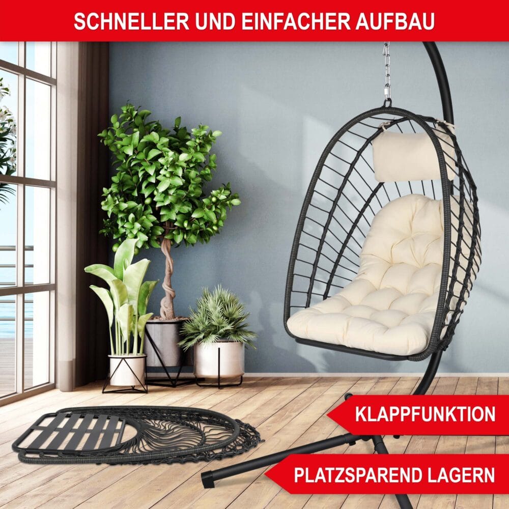 Wetterfester Hängesessel in Rattan-Optik, drehbar und leicht klappbar.