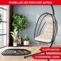 Wetterfester Hängesessel in Rattan-Optik, drehbar und leicht klappbar.