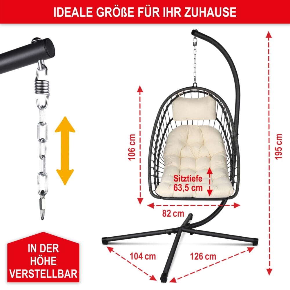 Wetterfester Hängesessel in Rattan-Optik, drehbar und leicht klappbar.