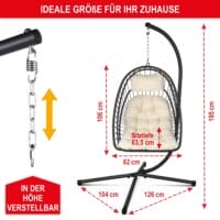 Wetterfester Hängesessel in Rattan-Optik, drehbar und leicht klappbar.