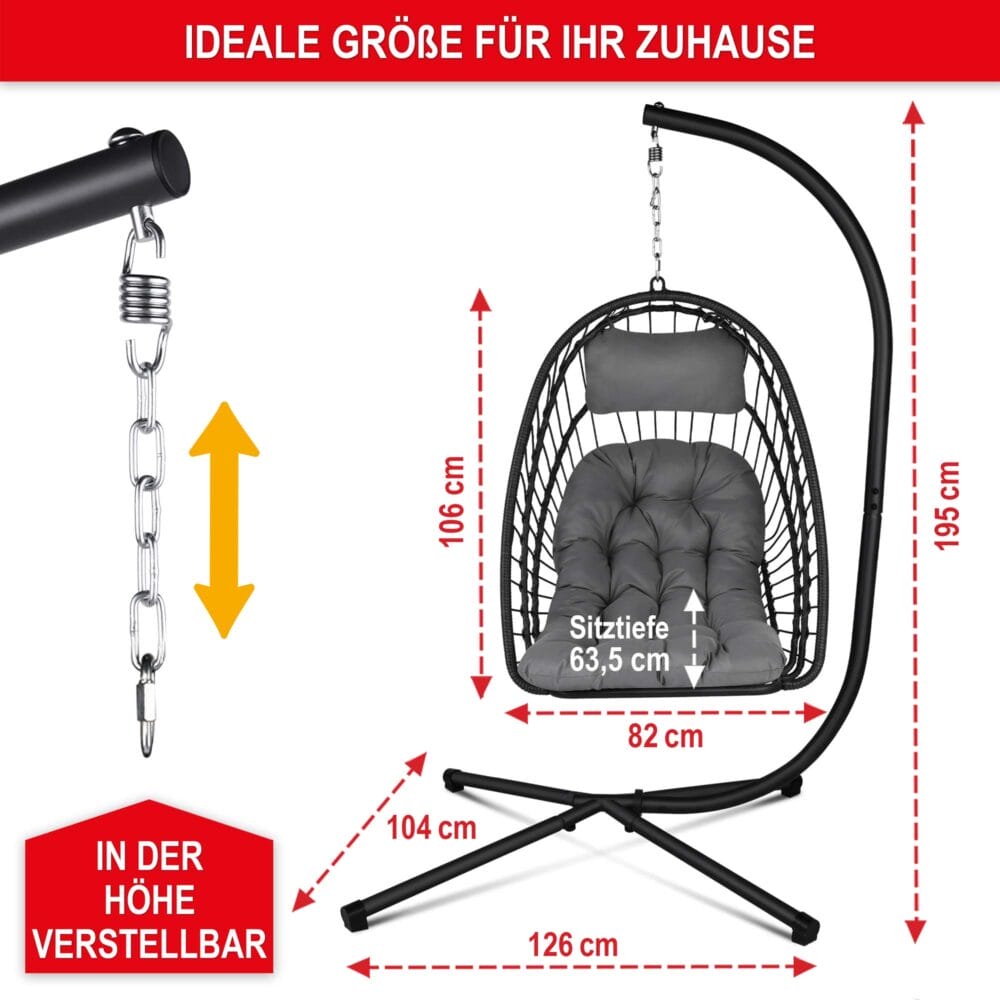 Klappbarer Hängesessel in Rattan-Optik, drehbar und wetterfest.