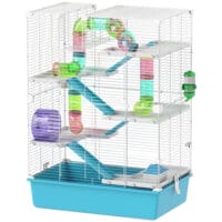 Hellblauer 6-stöckiger Hamsterkäfig mit Röhren und Laufrad, Masse 58x36x81cm.