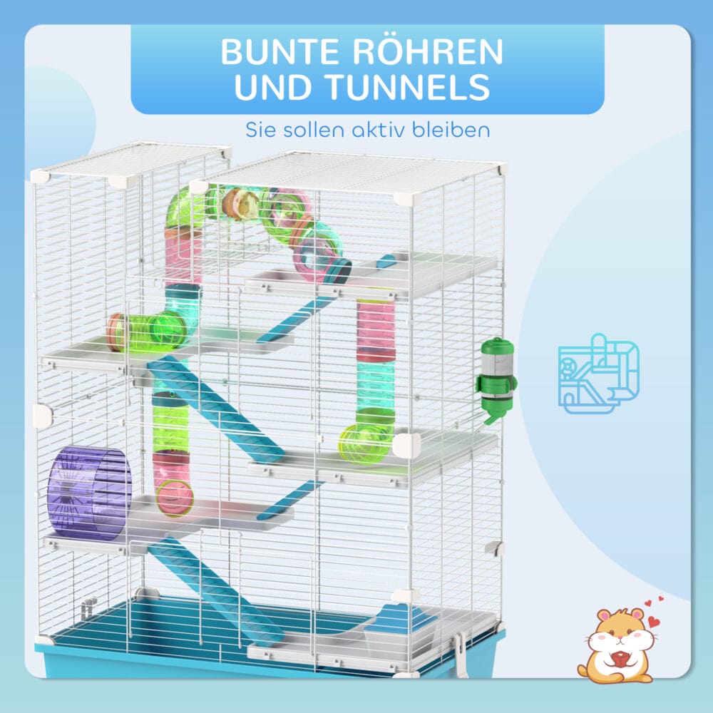 Hellblauer 6-stöckiger Hamsterkäfig mit Röhren und Laufrad, Masse 58x36x81cm.