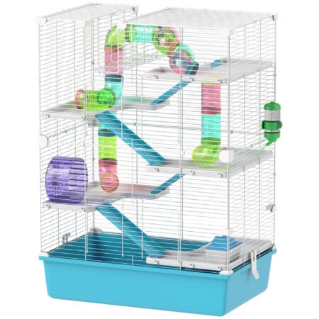 Hellblauer 6-stöckiger Hamsterkäfig mit Röhren und Laufrad, Masse 58x36x81cm.