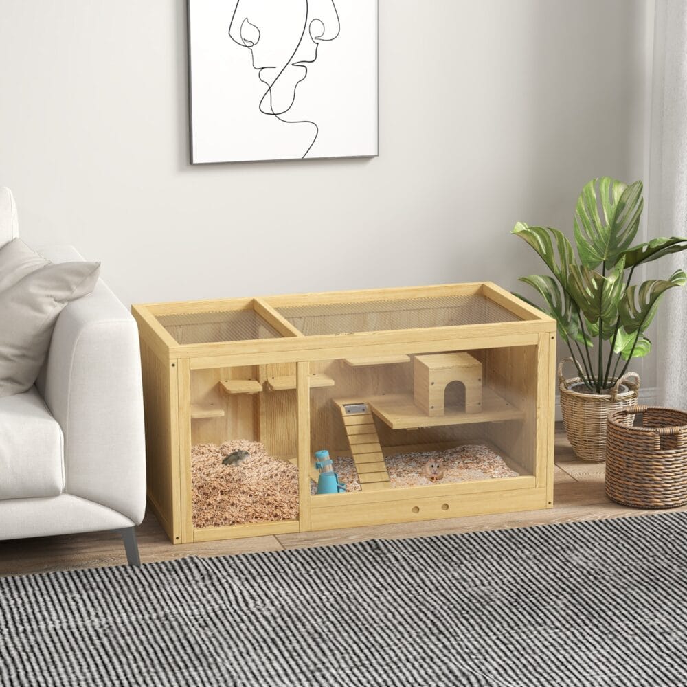 Naturfarbener Hamsterkäfig aus Holz (100cm) mit Spielhaus, Schaukeln & Leitern.