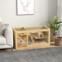Naturfarbener Hamsterkäfig aus Holz (100cm) mit Spielhaus, Schaukeln & Leitern.