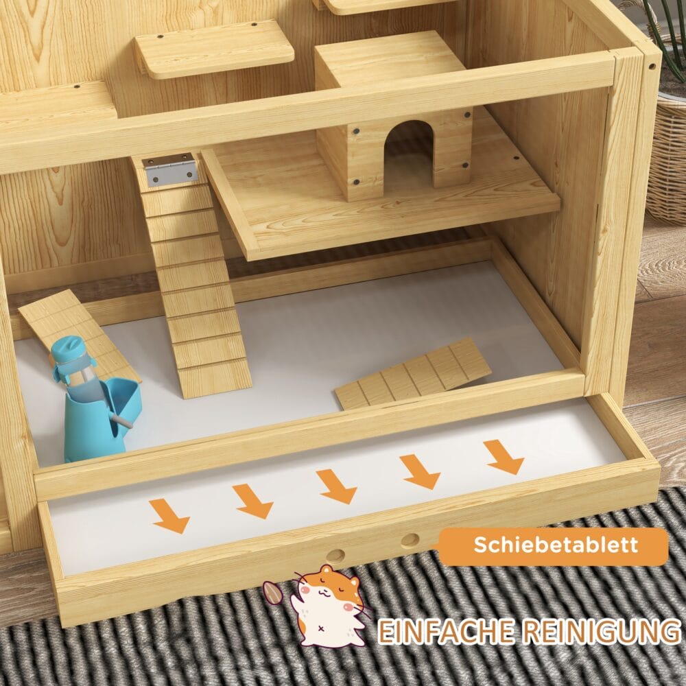 Naturfarbener Hamsterkäfig aus Holz (100cm) mit Spielhaus, Schaukeln & Leitern.