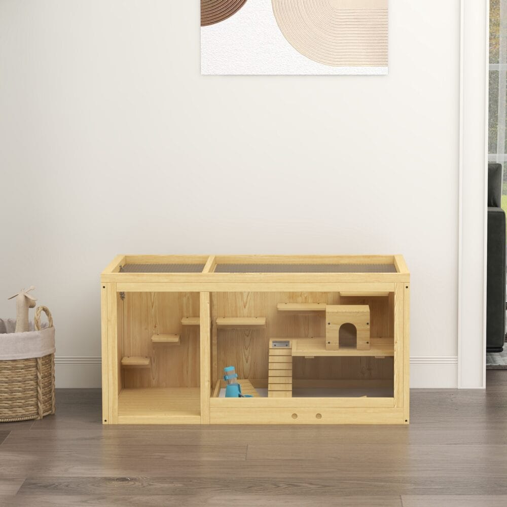 Naturfarbener Hamsterkäfig aus Holz (100cm) mit Spielhaus, Schaukeln & Leitern.