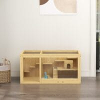 Naturfarbener Hamsterkäfig aus Holz (100cm) mit Spielhaus, Schaukeln & Leitern.