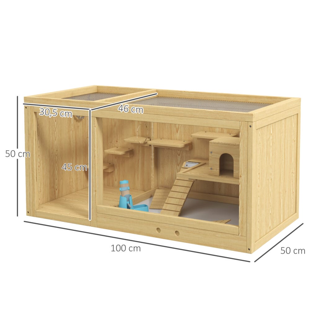 Naturfarbener Hamsterkäfig aus Holz (100cm) mit Spielhaus, Schaukeln & Leitern.
