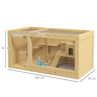 Naturfarbener Hamsterkäfig aus Holz (100cm) mit Spielhaus, Schaukeln & Leitern.
