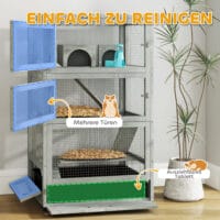 Grauer Hamsterkäfig aus Holz (65x45x109cm) mit Schloss, Wippe, Rampen & Rollen.