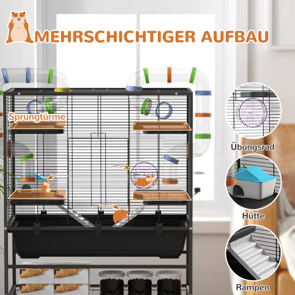 Schwarzer Hamsterkäfig mit Rädern, Röhren & Rampen für Rennmäuse & Hamster.
