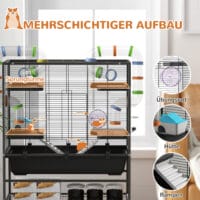Schwarzer Hamsterkäfig mit Rädern, Röhren & Rampen für Rennmäuse & Hamster.