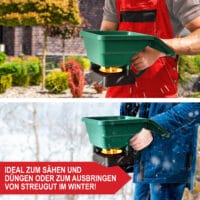 Handlicher 3L-Streuwagen mit einstellbarer Streubreite für Saatgut, Dünger oder Salz.