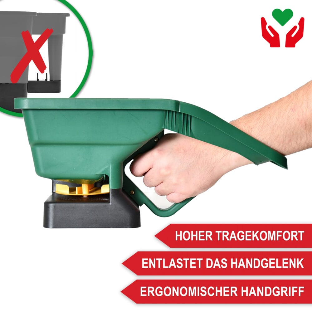 Handlicher 3L-Streuwagen mit einstellbarer Streubreite für Saatgut, Dünger oder Salz.