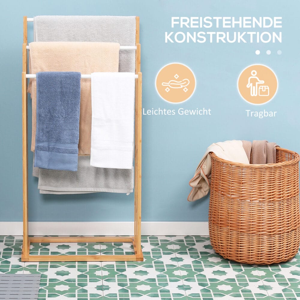 Freistehender Bambus Handtuchhalter mit 3 Stangen für Badetücher