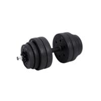 Hantelset mit zwei 15-kg-Hanteln und einer Langhantel, perfekt für das Training.