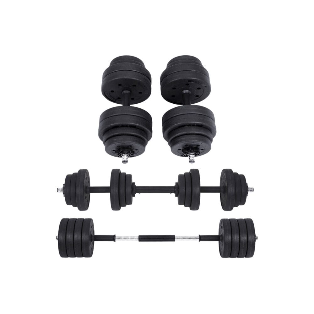 Hantelset mit zwei 15-kg-Hanteln und einer Langhantel, perfekt für das Training.