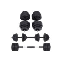 Hantelset mit zwei 15-kg-Hanteln und einer Langhantel, perfekt für das Training.