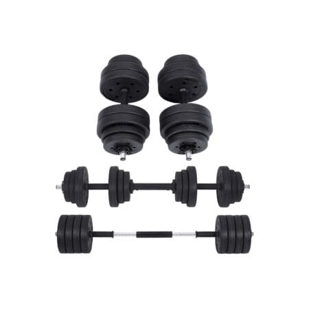 Hantelset mit zwei 15-kg-Hanteln und einer Langhantel, perfekt für das Training.