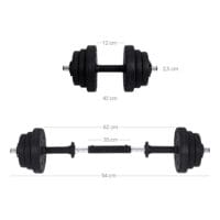 Hantelset mit zwei 15-kg-Hanteln und einer Langhantel, perfekt für das Training.