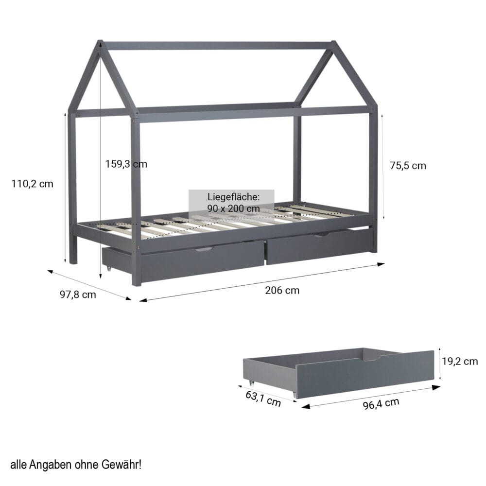 Hausbett Kinderbett 90x200cm aus Holz Grau