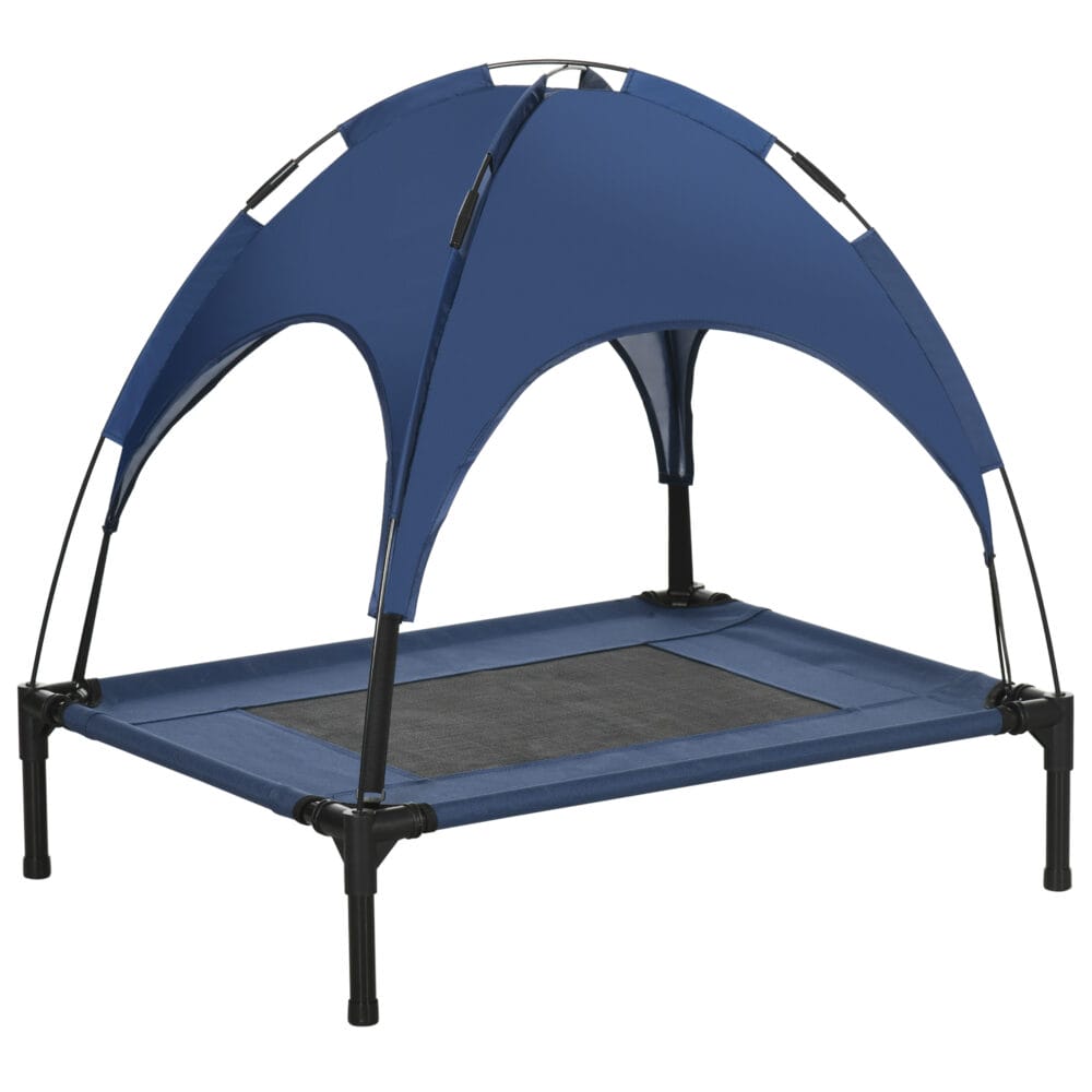 Dunkelblaues Haustierbett mit Baldachin für Outdoor-Nutzung.