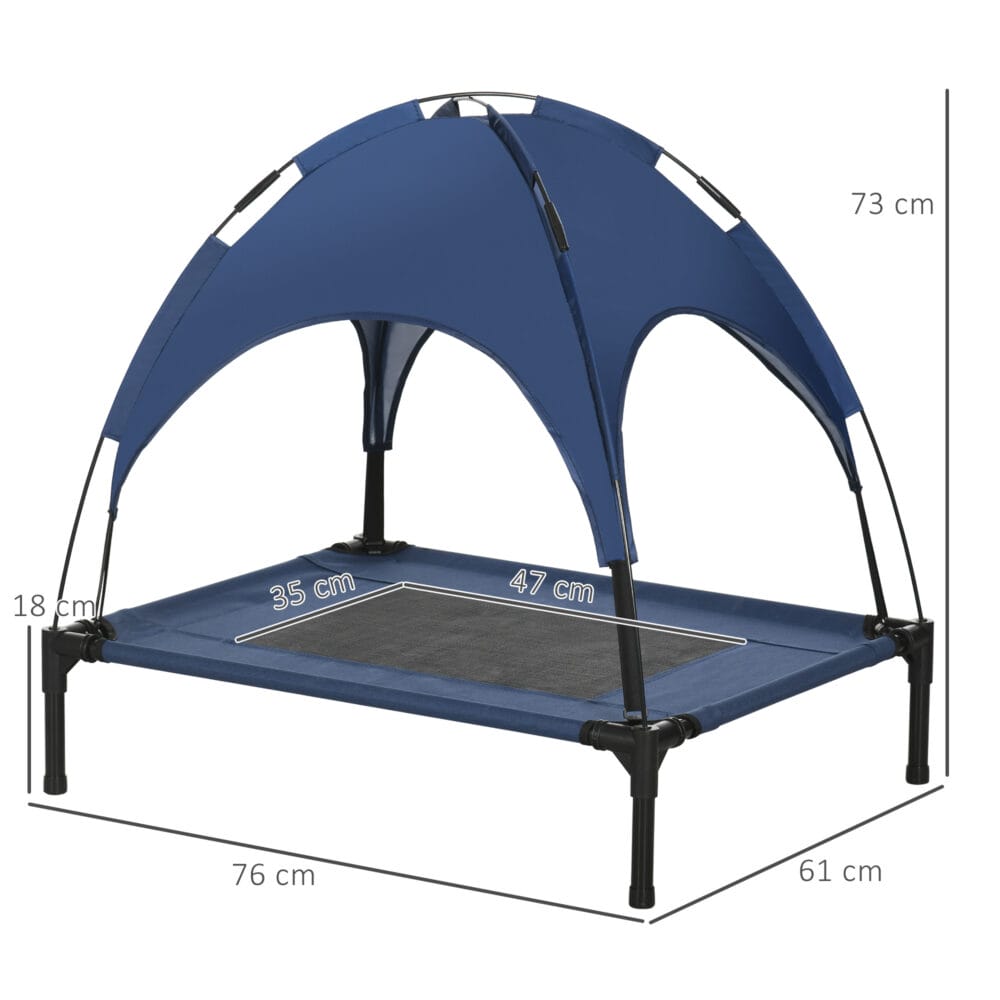 Dunkelblaues Haustierbett mit Baldachin für Outdoor-Nutzung.