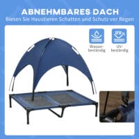 Dunkelblaues, erhöhtes Haustierbett mit Dach, vielseitig einsetzbar.