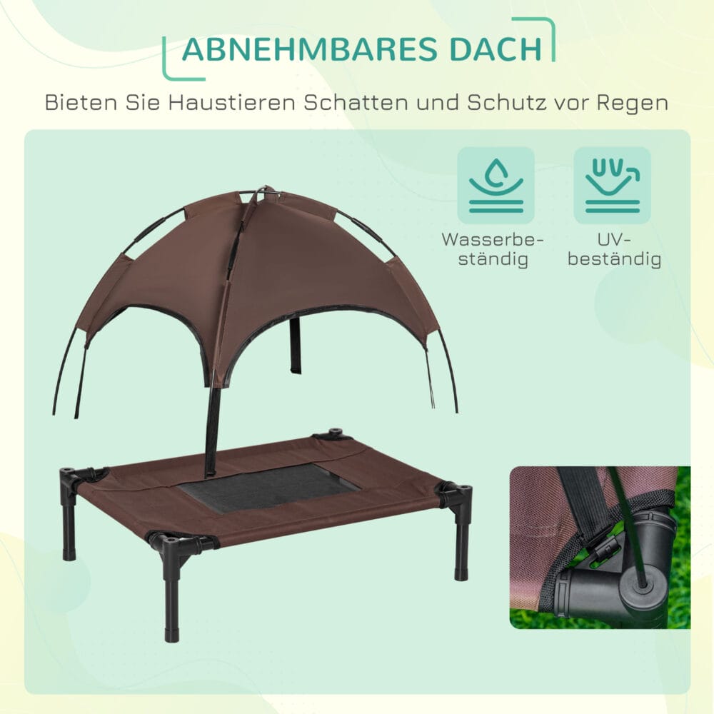Kaffeefarbenes Outdoor-Haustierbett mit Baldachin.