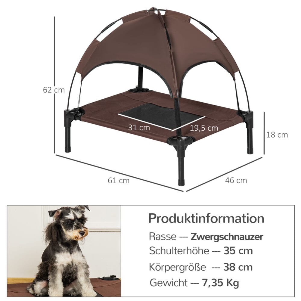 Kaffeefarbenes Outdoor-Haustierbett mit Baldachin.