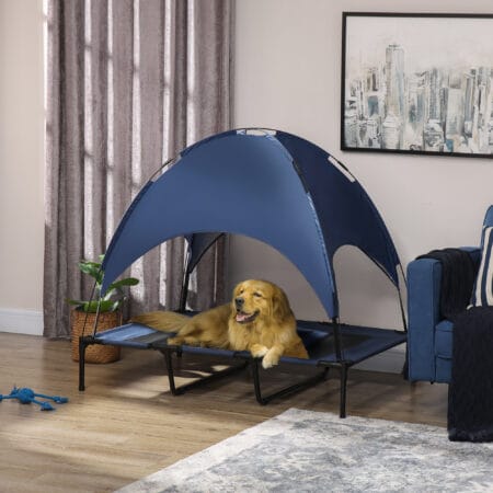 Dunkelblaues Haustierbett mit UV-Schutz für mittelgroße Hunde.