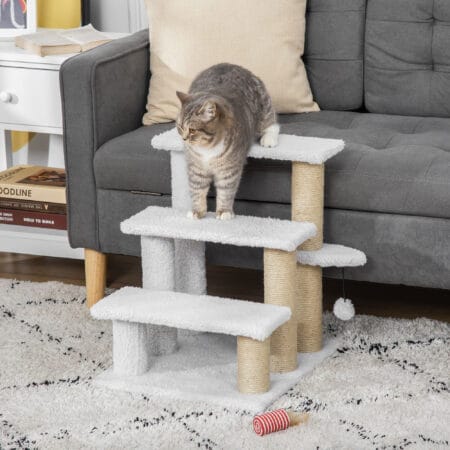 Weiße 3-stufige Haustiertreppe mit Kratzbaum für Katzen & Hunde.
