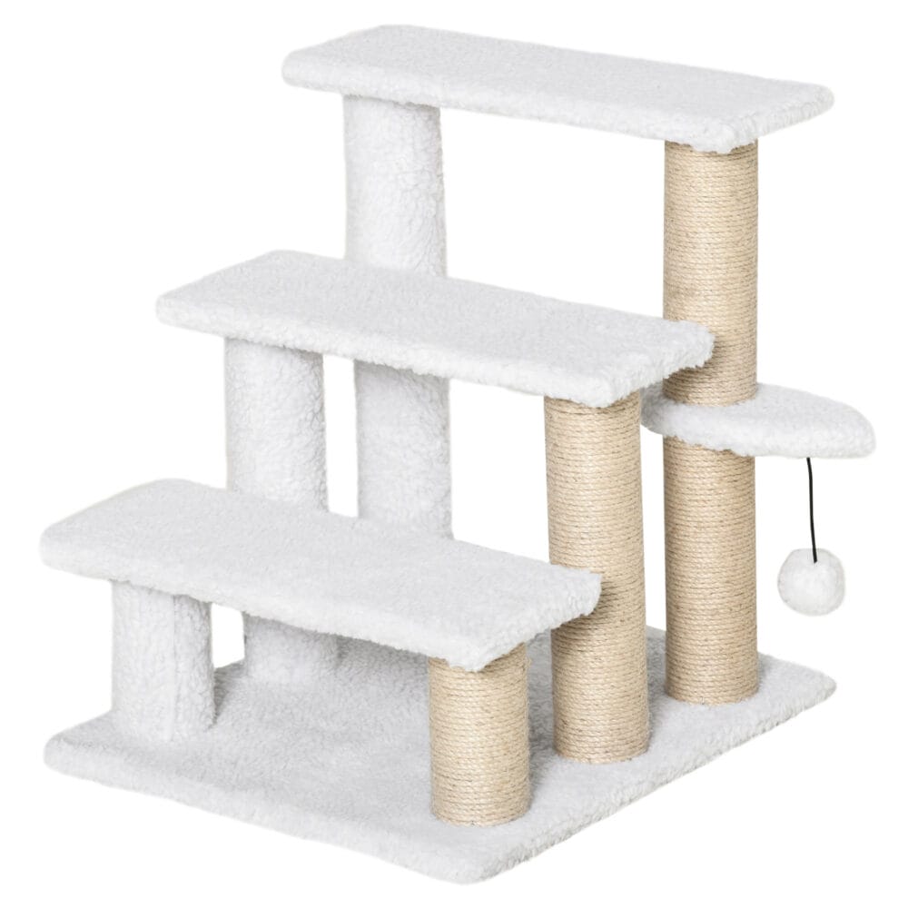 Weiße 3-stufige Haustiertreppe mit Kratzbaum für Katzen & Hunde.