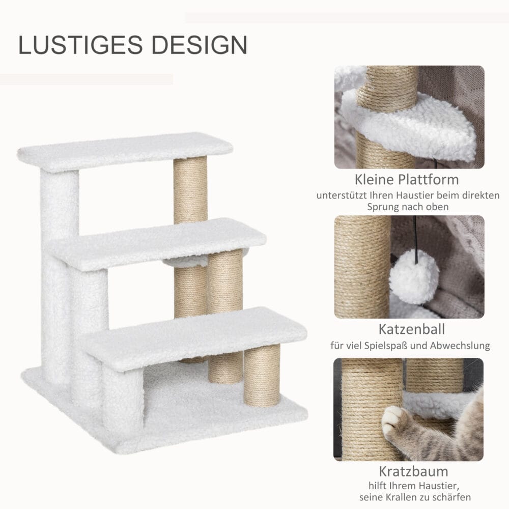 Weiße 3-stufige Haustiertreppe mit Kratzbaum für Katzen & Hunde.