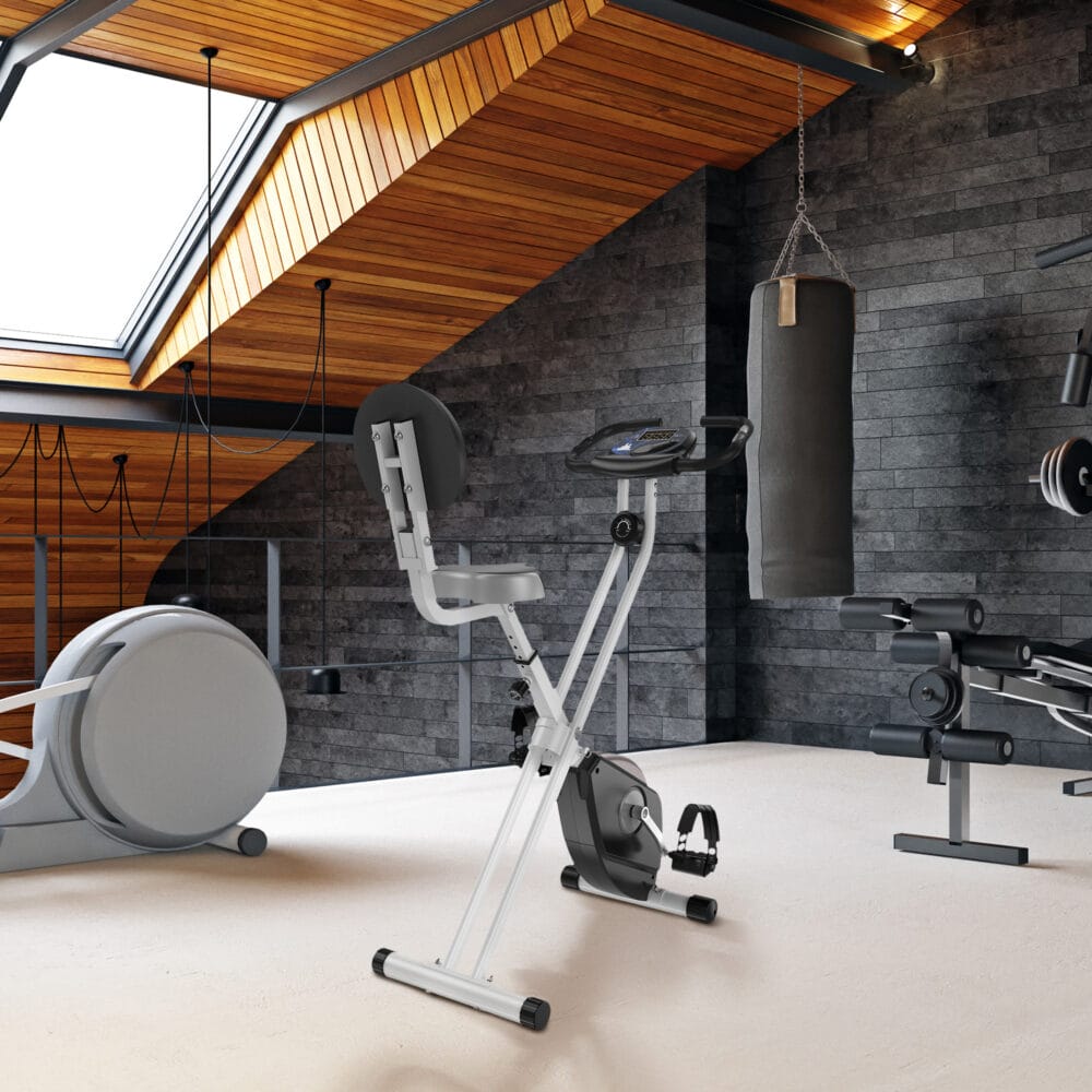 Höhenverstellbarer F-Bike Heimtrainer mit Magnetwiderstand.