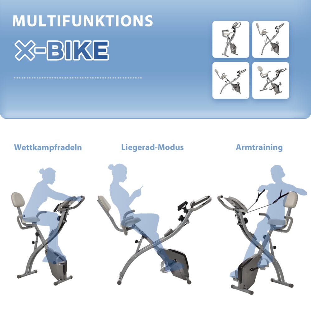 Grauer X-Bike Heimtrainer mit 8-stufiger Widerstandseinstellung.