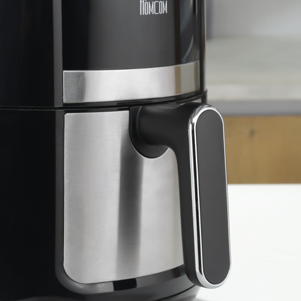 Eine schwarze Heissluftfritteuse und Airfryer mit 4 Litern Fassungsvermögen, 12 Programmen und LED-Touch-Display.