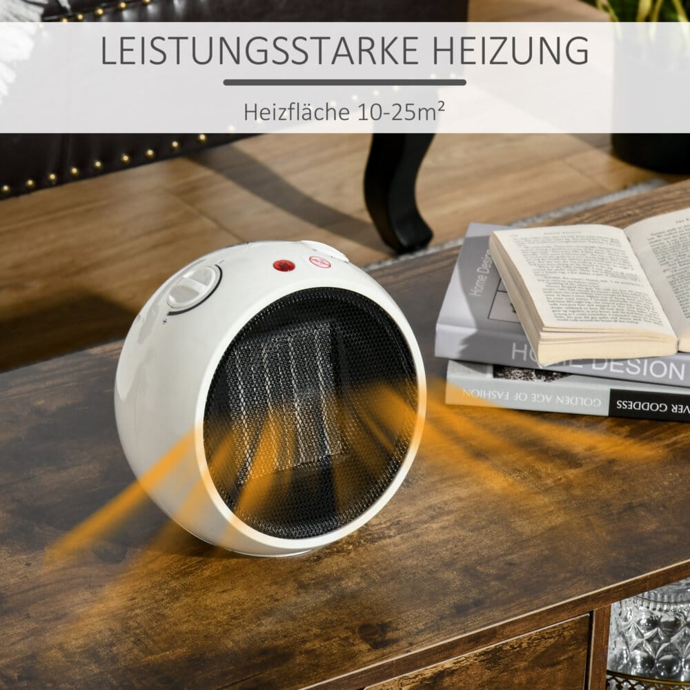 Ein kompakter Heizlüfter und Heizgerät in Weiss-Schwarz mit 1500W Leistung.