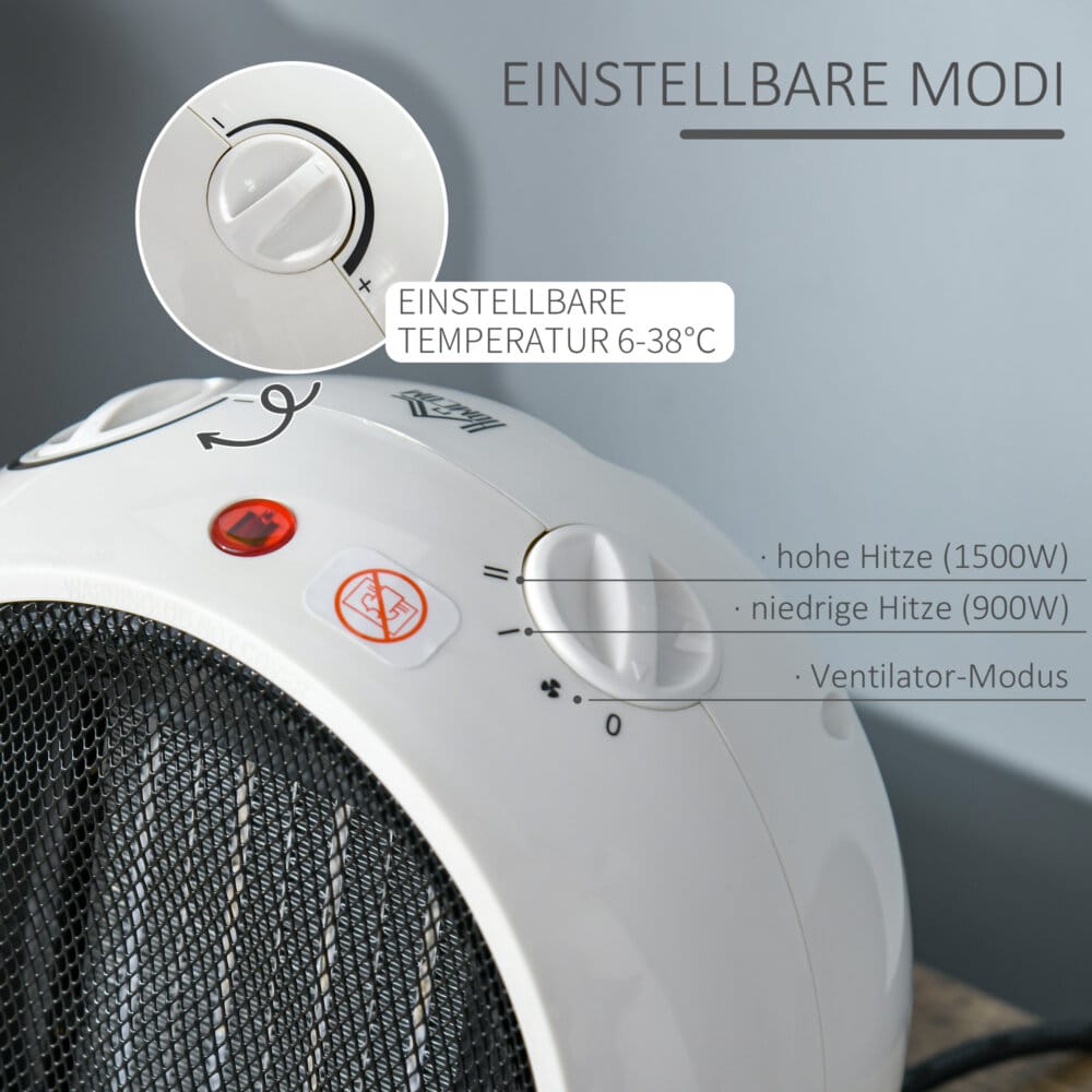 Ein kompakter Heizlüfter und Heizgerät in Weiss-Schwarz mit 1500W Leistung.