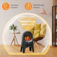 Ein schwarzer Heizlüfter und Heizgerät mit 2000W Leistung und LED-Flammen.