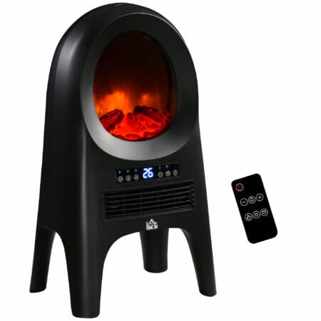 Ein schwarzer Heizlüfter und Heizgerät mit 2000W Leistung und LED-Flammen.
